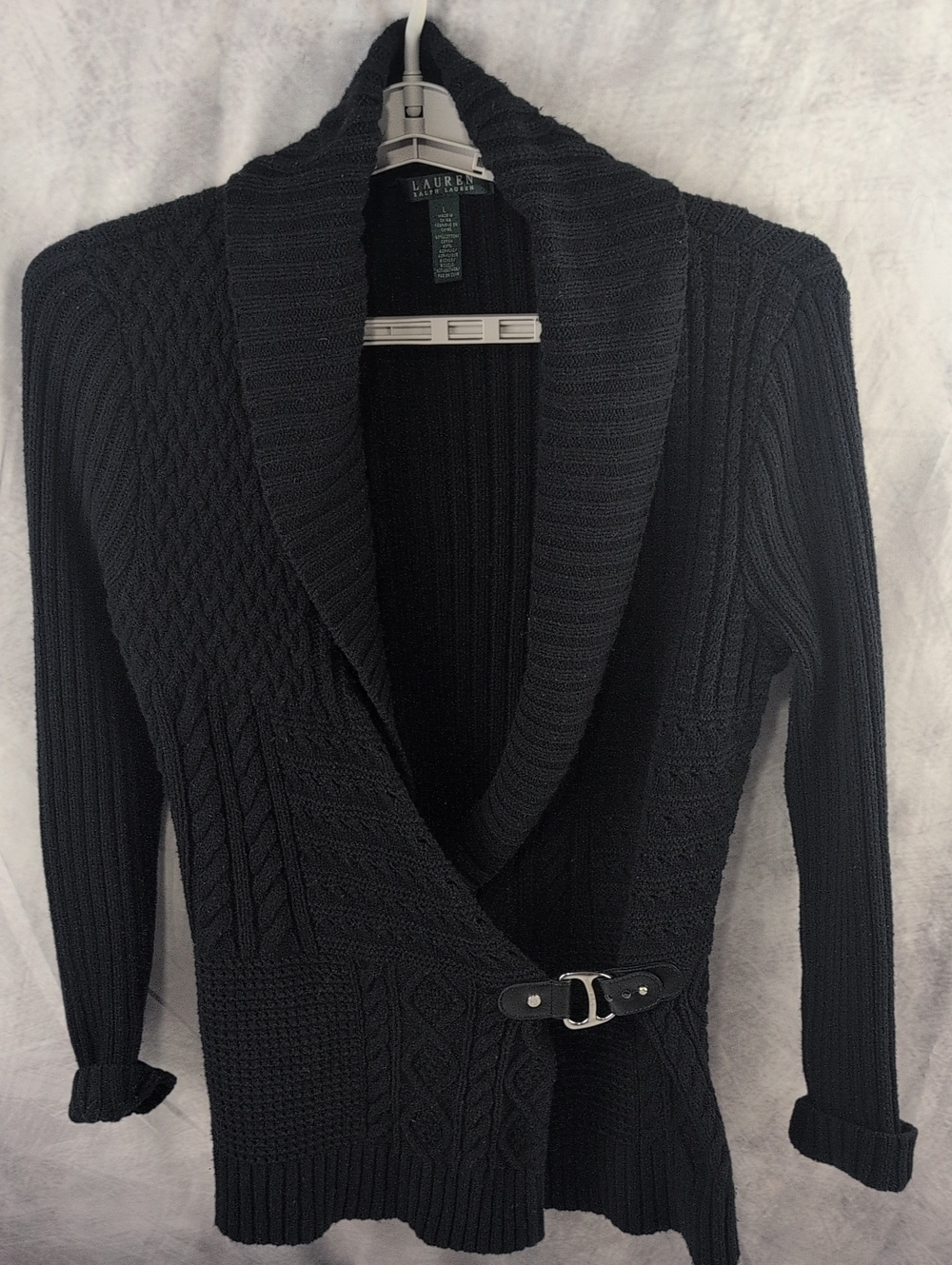 Lauren Ralph Lauren Black Cable Knit Buckle Shawl Collar Cardigan Large